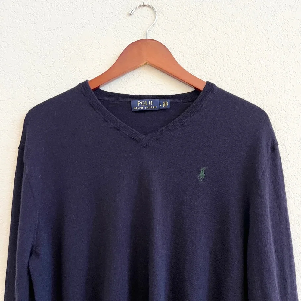 Polo Ralph Lauren 100% Merino Wool V Neck Sweater Navy‎ Blue Size L